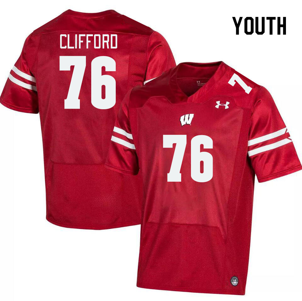 Youth #76 John Clifford Winsconsin Badgers College Football Jerseys Stitched Sale-Red - Click Image to Close